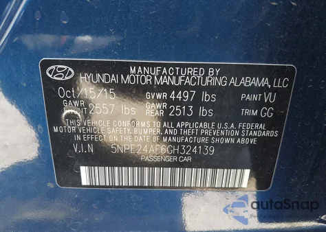 2016 Hyundai Sonata Se из США, поврежденный, VIN 5NPE24AF6GH324139